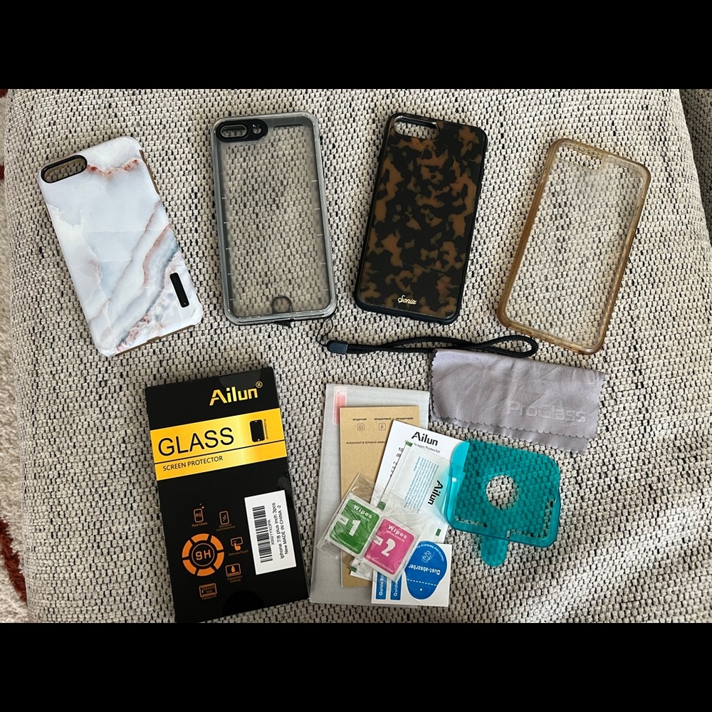 (4) iPhone 7/8 plus cases and (4) glass screen protector shields